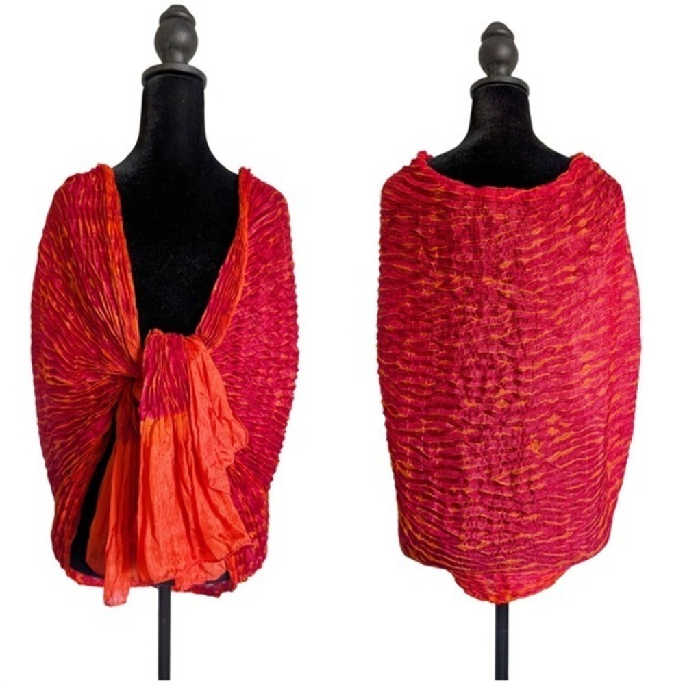 Vintage 00s Earthy Whimsy Boho Red & Orange Crinkle 100% Silk Scarf
